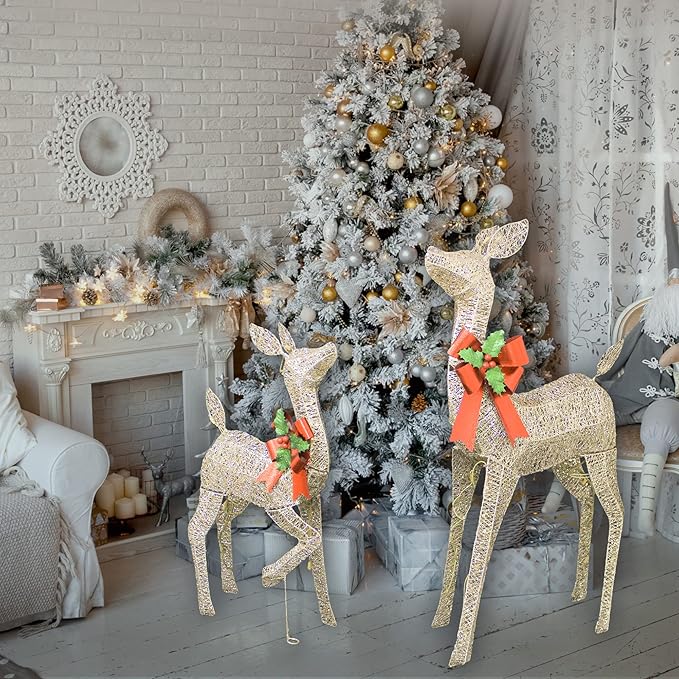 38in Christmas Deer Set Decoration for Outdoor Yard 2pc Deers, Lighted up Reindeer Outdoor Decor Champagne Gold Christmas Doe Fawn with Bow, for Christmas Tree Porch Holiday Display