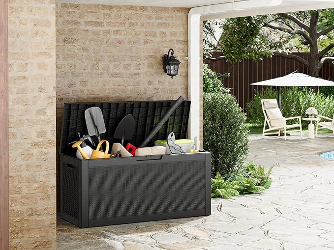 60 Gallon Outdoor Storage Box, Waterproof Resin Deck Box with Lockable Lid – Storage Cabinet for Patio Furniture, Pool Supplies, Garden Tools（Rattan,Black）