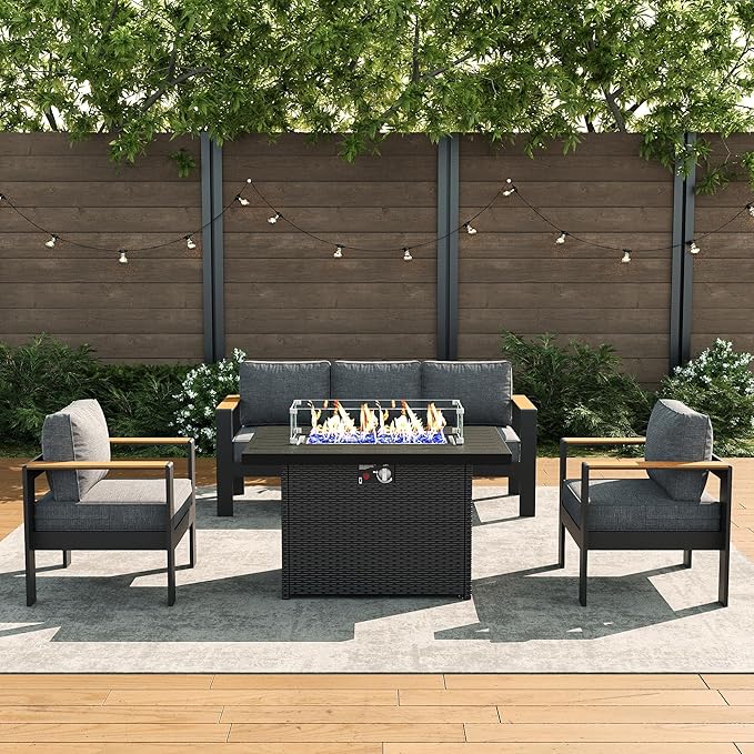 LayinSun 4 Piece Aluminum Outdoor Furniture Set with Fire Pit Table, Outside Patio Deep Seating Conversation Set with Upgraded Washable Thick Cushion