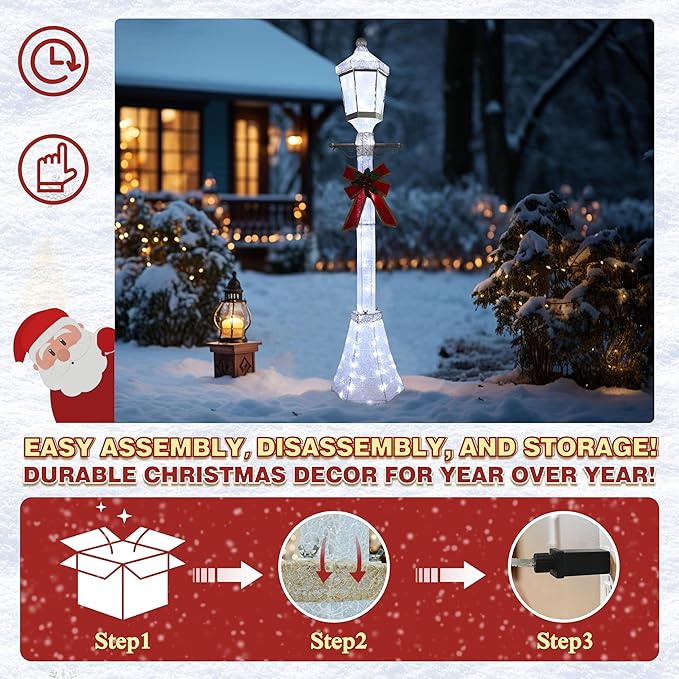 VEIKOU 6FT Lighted Lamp Post for Outdoor Christmas Decorations, Light-up Street Lamp with 120 LED Lights & Red Bow, Christmas Decorations Outside for Yard Garden Lawn Porch Holiday Xmas