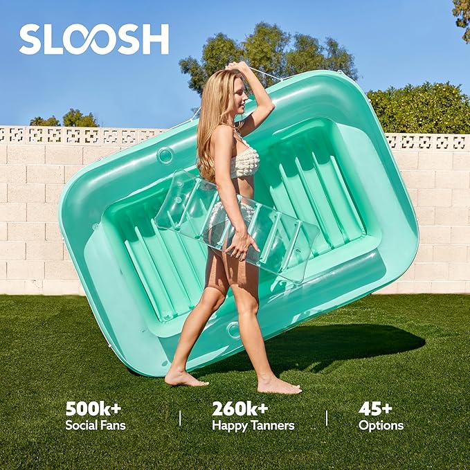 SLOOSH Inflatable Tanning Pool Lounger Float, 70" x 46" Pool Floats Adult with Pillow, 4 in 1 Suntan Tub Raft Floatie,Sunbathing Bed Lounge for Water Blow Up Kids Ball Pit Party Gifts, L-Cyan