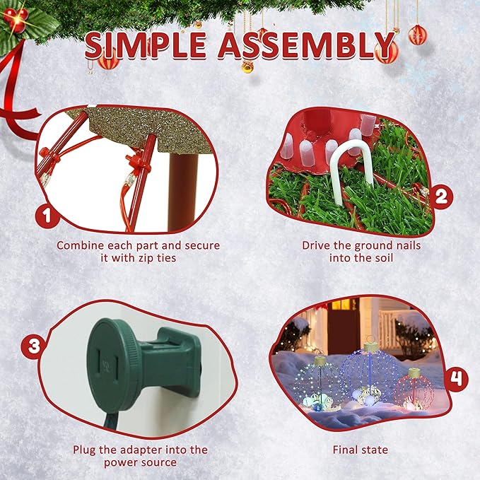 VEIKOU Set of 3 Lighted Christmas Ornaments, 3 Colors Outdoor Holiday Ball Decoration with 570 LED Lights, Christmas Decor with 20 Small Plastic Balls for Garden, Yard, Lawn