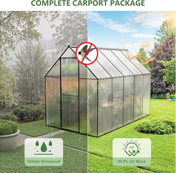 6X10 FT Greenhouse for Outdoors, Heavy Duty Polycarbonate Greenhouses, Large Walk-in Greenhouse with Roof Vent, Aluminum Hot House for Garden & Backyard
