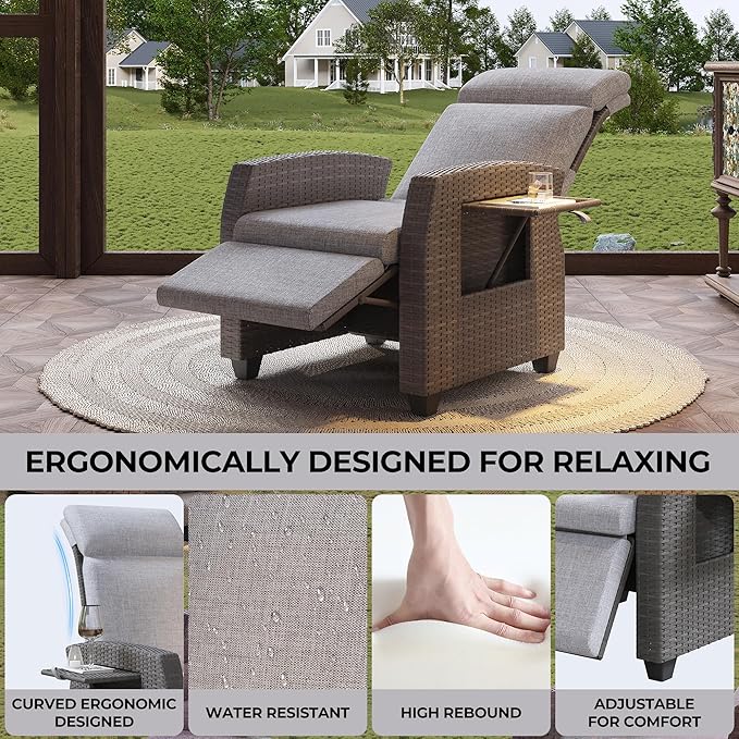 Indoor Outdoor Wicker Recliner Chair with Flip-Up Table Air Pump 155° Lay Flat, Adjustable Wicker Lounge Recliner Chair with Independently Backrest and Footrest Set of 2