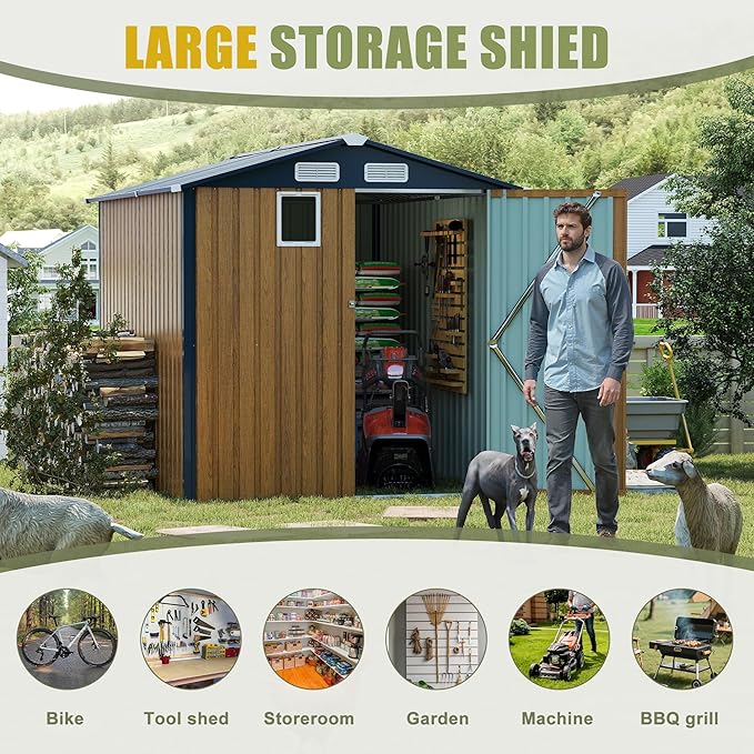 6x8 FT Sheds & Outdoor Storage,Steel Storage Shed with Lockable Doors and Window,Waterproof Garden Shed w/Roof Slope Design & Weather Versatility,Tool House for Storing Bicycles,Yellow