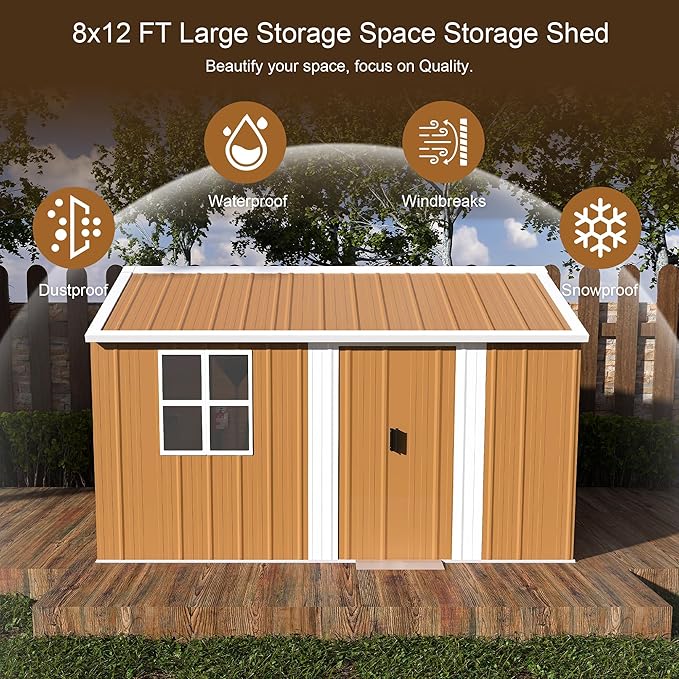 12x8 FT Outdoor Steel Storage Shed with Clear Windows, Sliding Lockable Door & Ventilation, Brown and White Weather-Resistant Metal Tool Shed for Garden, Backyard, Lawn, and Utility Storage