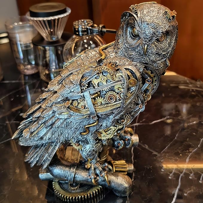 Steampunk Owl Statue 11.6'' H Metallic Silver and Gold Gothic Collectible Animal Figurine Wisdom Gift Owl Sculpture for Home Office Decoration Living Room Tabletop Mantel