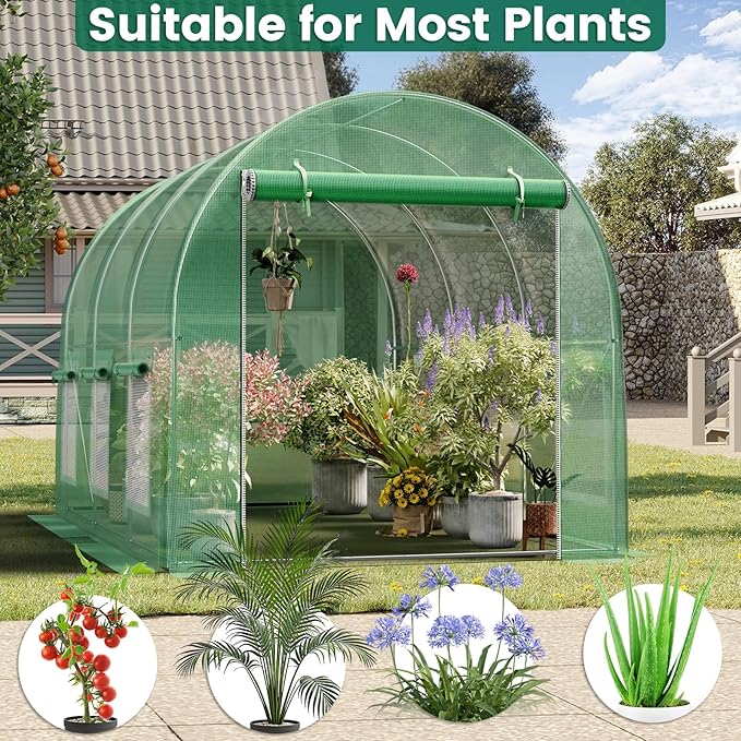 Walk-in Greenhouse 10×7×7FT, Outdoor Tunnel Greenhouse, Large Plant Hoop House for Outside, Hot House for Winter with 6 Ventilated Mesh Windows, Galvanized Steel Frame (Green, 10×7×7FT)