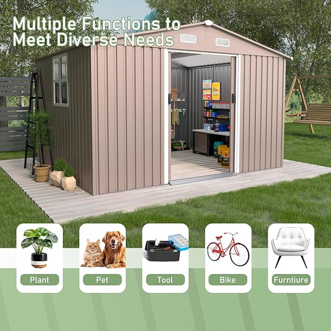 10×8FT Outdoor Storage Shed with Window,Large Metal Tool Shed with Lockable Door and Rainproof Sloped Roof, Garden Shed for Backyard, Patio, Brown