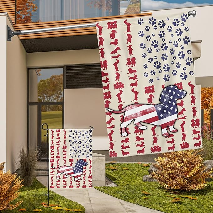 FLAGWIX 4th of July Decorations American Dog Garden Flag - Garden American Flags for Outside 11.5" x 17.5" - Dachshund Gifts for Women Men, Dog Gifts for Outside Decorations for Yard
