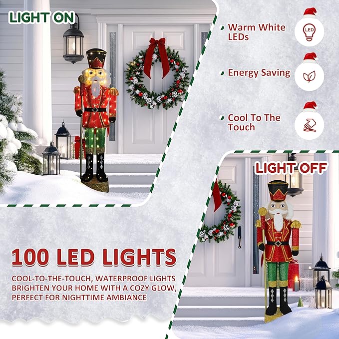 VEIKOU 5.9 FT Lighted Christmas Nutcracker Decoration with Scepter, Outdoor Nutcracker Soldier Christmas Yard Decor with 100 LED Lights, Ground Stakes and Zip Ties, Xmas Holiday Display for Outside
