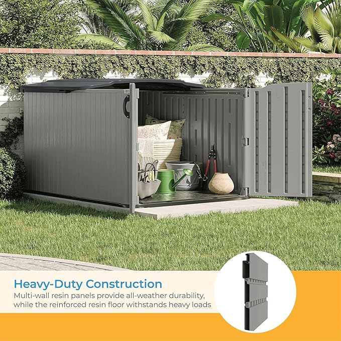 Suncast 138 Cu Ft Horizontal Outdoor Storage Shed, 57.5"x79.75"x52" Glidetop Outdoor Shed with Sliding Lid, Plastic Resin Storage Sheds with Floor for Bikes, Motorcycles, & Lawn Mower, Made in the USA