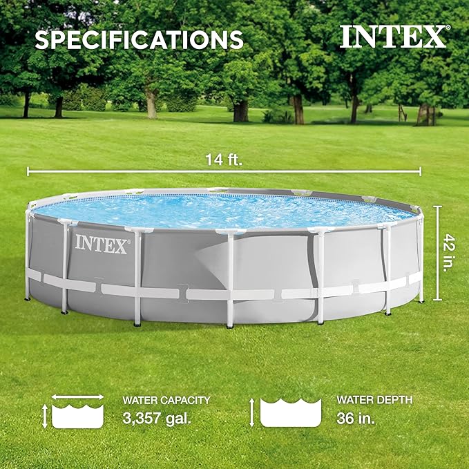 Intex 26719EH Prism Frame Premium Above Ground Swimming Pool Set: 14ft x 42in – Includes 1000 GPH Cartridge Filter Pump – SuperTough Puncture Resistant – Rust Resistant – 3357 Gallon Capacity