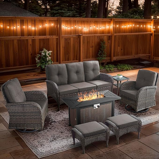 7 Piece Patio Furniture Set with Fire Pit Table - Wicker Patio Conversation Set with Swivel Glider, 3 Seat Sofa, Side Table and 2 Ottomans for Deck Backyard - Brown Wicker Grey Cushion