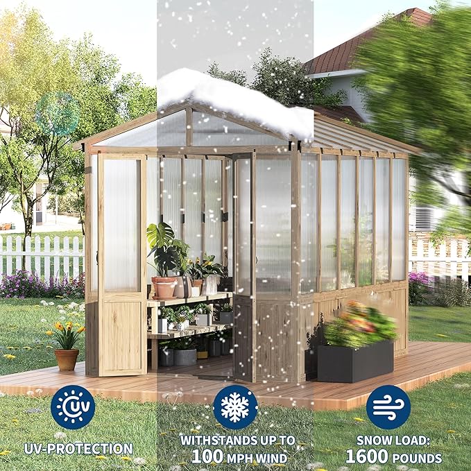 8x10FT Wooden Greenhouse with Cedar Frame, Outdoor Wood Greenhouses with Roof Vent, Wood and Polycarbonate Walk-in Greenhouse