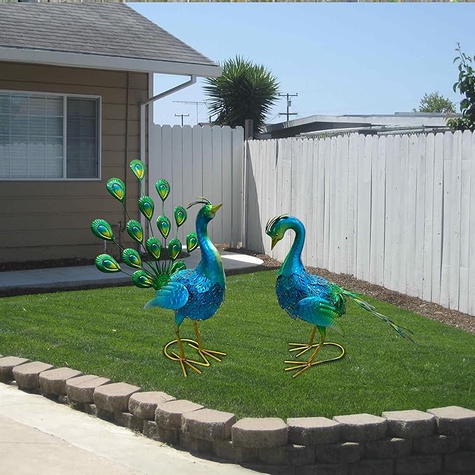 2 Pack Beautiful Peacock Outdoor Garden Statue Ornament Realistic Metal Peacock Lawn Yard Patio Decorations Art Sculpture Outside Decor Gift for Women Grandma Birthday,16" 20" Tall Blue Peacock