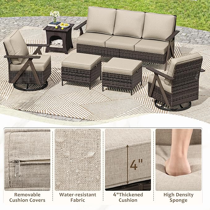 6 Piece Patio Furniture Set, Wicker Patio Conversation Set with Swivel Glider Chair and Outdoor 3-Seater Sofa and 2 Ottomans and Side Table for Deck Yard and Poolside