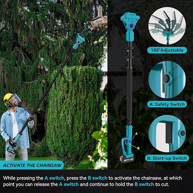 2-in-1 Cordless 6 in Pole Saw for Tree Trimming,15.5 ft Extended Reach Electric Saw with 180° Adjustable Head, Brushless Motor, 2 x 1300 Ah High-Capacity Batteries & Extra Chain