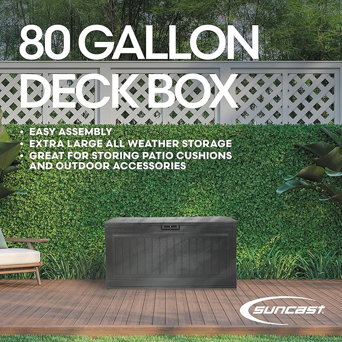 Suncast 80-Gal. Waterproof Resin Large Outdoor Patio Deck Box with Pad-Lockable Lid, Modern Outdoor Patio Bench/Storage Box for Cushions, Garden Tools, and More, Iron Ore