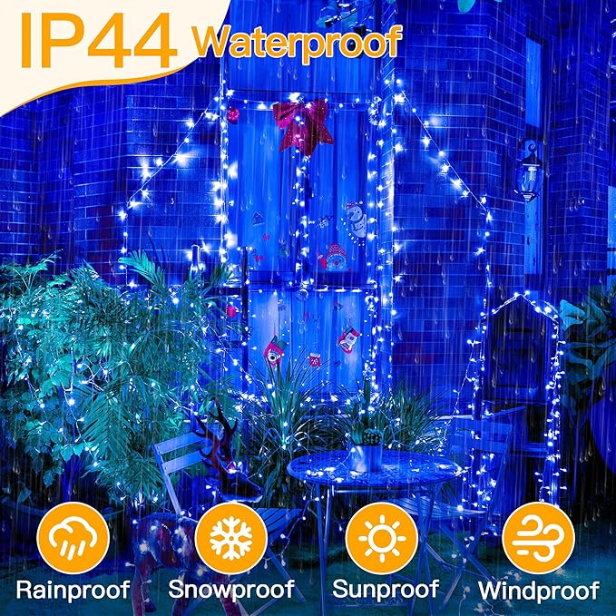 Ollny Blue Christmas Lights Waterproof, 400LED 131FT String Lights with Remote 3 Timer, Plug in 8 Modes Fairy Light for House Xmas Tree Bedroom Indoor Outside Decorations