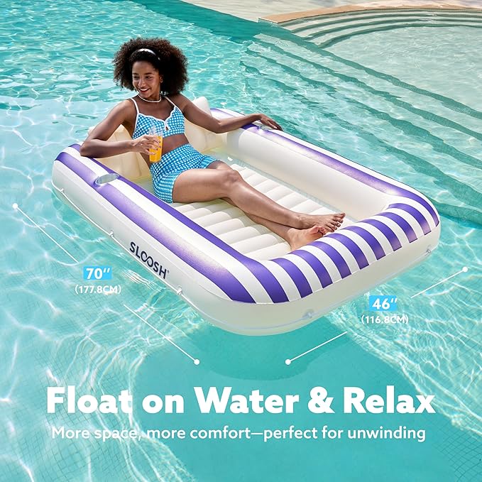 SLOOSH Inflatable Tanning Pool Lounger Float, 70" x 46" Pool Floats Adult with Pillow, 4 in 1 Suntan Tub Raft Floatie,Sunbathing Bed Lounge for Water Blow Up Ball Pit Party Gifts