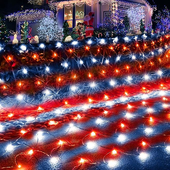 Pooqla Christmas Net Lights, 300LED Outdoor Net Mesh Lights, 14.8x4.9 ft Fairy String Lights 8 Modes Green Wire, Connectable Waterproof Decorative for Bushes Tree Garden Halloween, Red and White