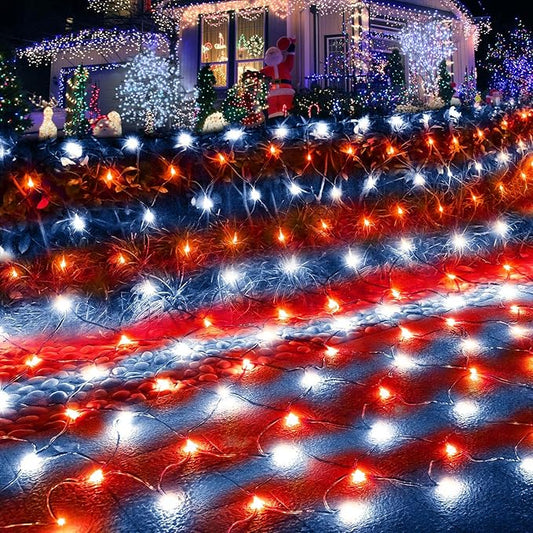 Pooqla Christmas Net Lights, 300LED Outdoor Net Mesh Lights, 14.8x4.9 ft Fairy String Lights 8 Modes Green Wire, Connectable Waterproof Decorative for Bushes Tree Garden Halloween, Red and White