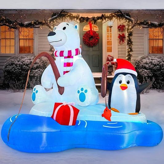 Joiedomi 6 FT Long Christmas Inflatable Polar Bear Fishing with Penguin Decoration, Blow Up Yard Decoration Inflatables with Built-in LEDs for Christmas Party Indoor Outdoor, Yard, Garden, Lawn Décor