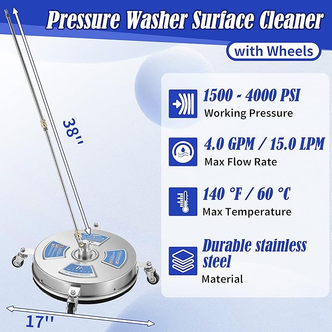 M MINGLE 17'' Pressure Washer Surface Cleaner, Driveway Pressure Washer Attachments with 2 Power Washer Replacement Wands and Nozzles, 1/4" Quick Connect, 4000 PSI