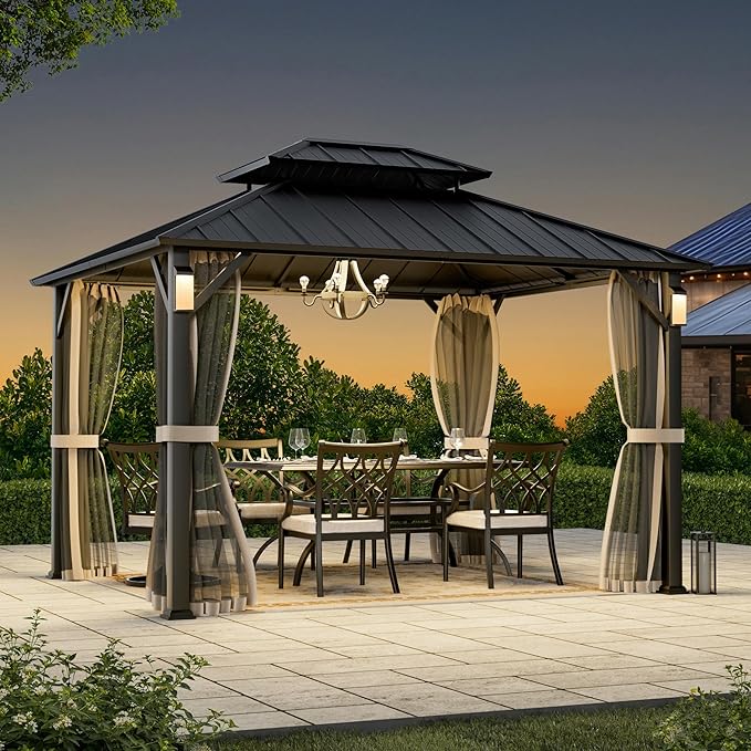 Modern Shade The Horizon Hardtop Gazebo 10' x 12' with 4 LED Lights, Permanent Outdoor Gazebo with Galvanized Steel Double Roof, Grill Pavilion with Decor Hooks, Mosquito Nettings, Black