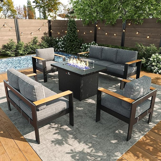 LayinSun 5 Piece Aluminum Outdoor Furniture Set with Fire Pit Table, Outside Patio Deep Seating Conversation Set with Upgraded Washable Thick Cushion