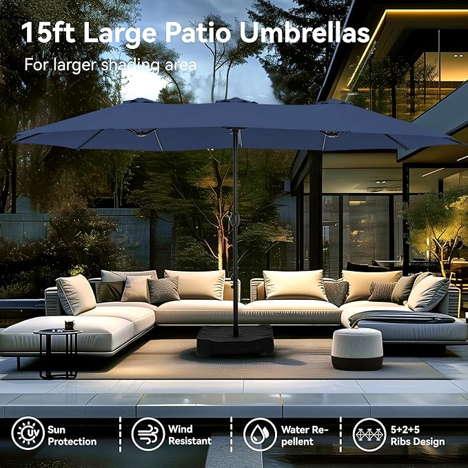 PHI VILLA 15ft Large Patio Umbrellas with Base Included, Outdoor Double-Sided Rectangle Market Umbrella with Crank Handle, for Pool Lawn Garden, Blue