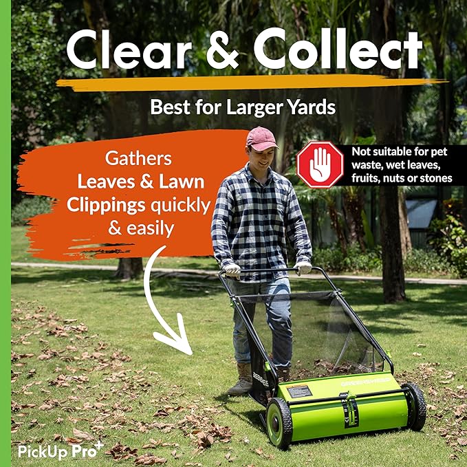 Pickup Pro Garden Sweeper - Manual Leaf & Grass Push Lawn Sweeper (Pickup Pro Max)