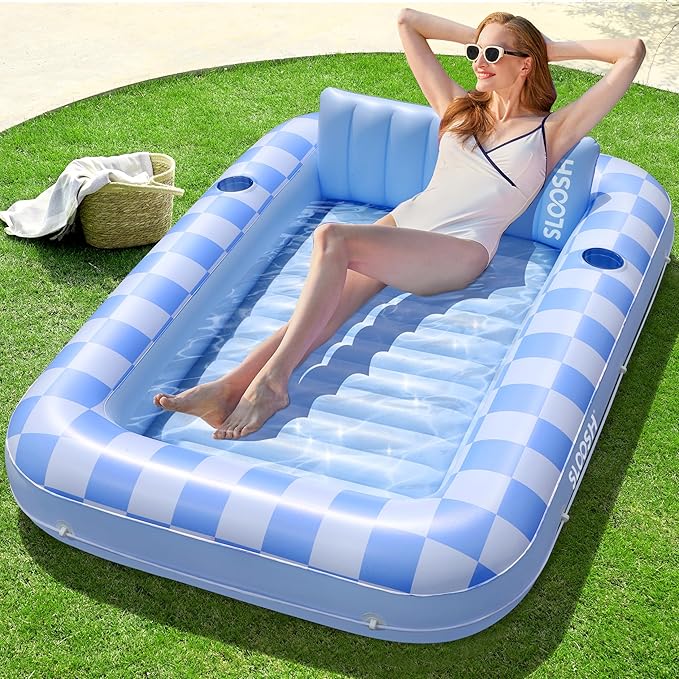 SLOOSH Inflatable Tanning Pool Lounger Float, 70" x 46" Pool Floats Adult with Pillow, 4 in 1 Suntan Tub Raft Floatie,Sunbathing Bed Lounge for Water Blow Up Ball Pit Party Gifts