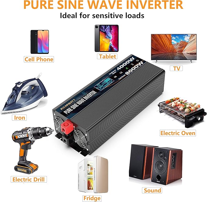 Pure Sine Wave Power Inverters 4000W 12V DC to AC 110V 120V Peak 8000W with Remote Control 4 Outlets,Dual USB Port,LED Display Terminal Blocks for Inverter Truck RV Car Solar System