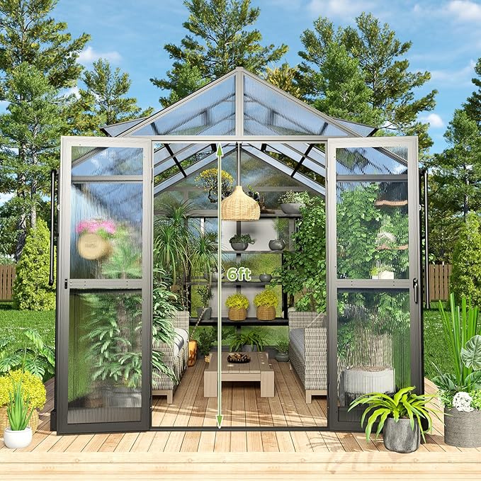 HOWE 8x12x7.5 FT Polycarbonate Greenhouse Double Swing Doors 4 Vents 5.2FT Added Wall Height, Walk-in Large Aluminum Greenhouse Sunroom Winter Greenhouse for Outdoors, Black
