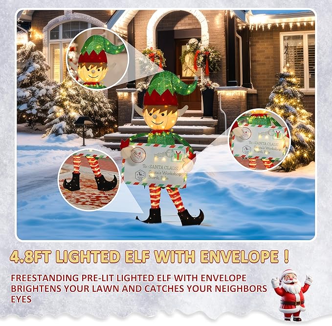 VEIKOU 4.8 FT Lighted Christmas Elf Decoration with Envelope, 3D Christmas Elf Yard Decor with 100 Warm LED Lights, Ground Stakes and Zip Ties, Outdoor Xmas Holiday Display for Garden, Lawn, Patio
