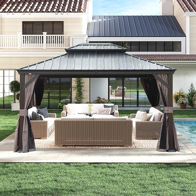 Domi 10x13FT Outdoor Gazebo, Hardtop Gazebo with Galvanized Steel Double Roof, Metal Gazebos with Drainage System Patio Pergola for Patio Deck Backyard,Curtain and Netting,Brown