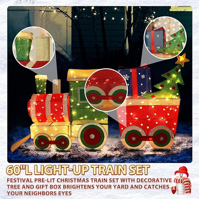 VEIKOU 5FT Outdoor Christmas Decorations Train Set with 170 LED Lights, Christmas Decorations Outside, Lighted Train for Holiday Yard Decorations