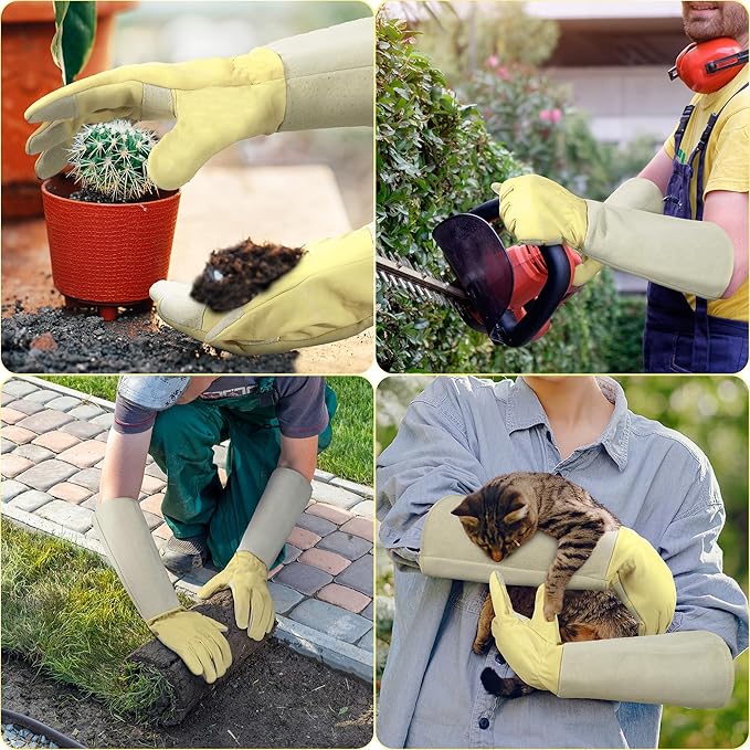 HANDLANDY Pruning Gloves Long for Men & Women, Rose Thorn Proof Gardening Gloves- Gardening Gifts for Gardeners (Beige- goatskin, Large (Pack of 1))