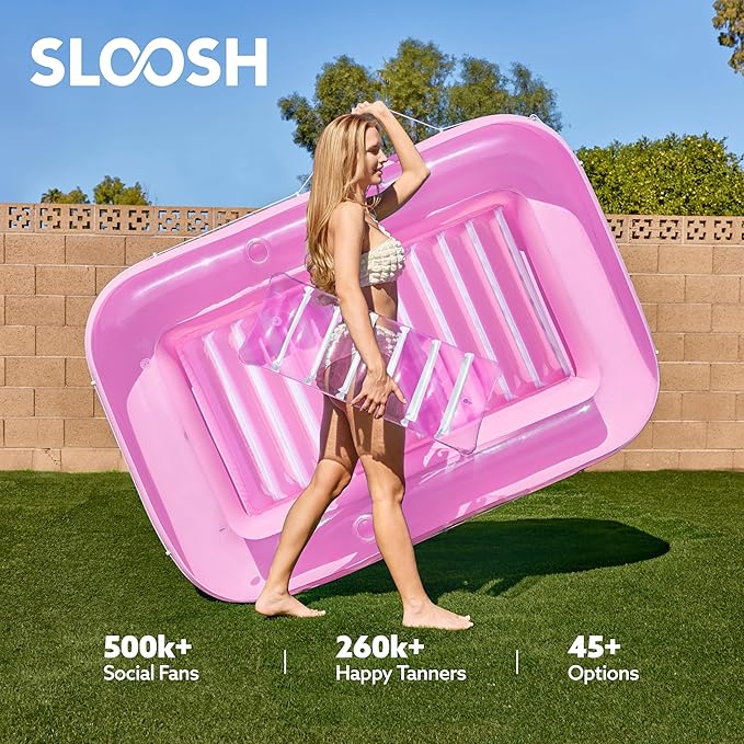 SLOOSH Inflatable Tanning Pool Lounger Float, 70" x 46" Pool Floats Adult with Pillow, 4 in 1 Suntan Tub Raft Floatie,Sunbathing Bed Lounge for Water Blow Up Kids Ball Pit Party Gifts, L-Pink White