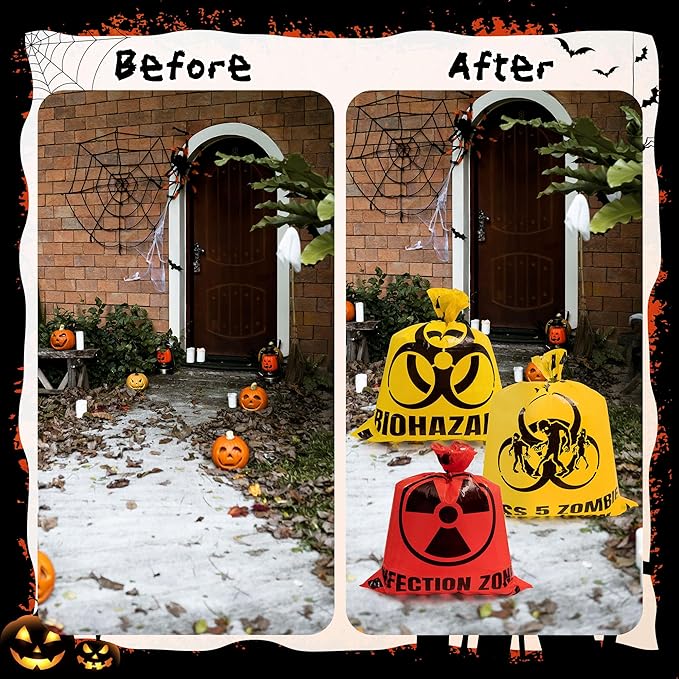 CNhoqc Halloween Lawn Trash Bags - 18Pcs Zombie Warning Reusable Waste Bags with Twist Ties, Fallen Leaf Grass Clipping Trash Container, Heavy-Duty Plastic for Biohazard Parties Outdoor Decorations