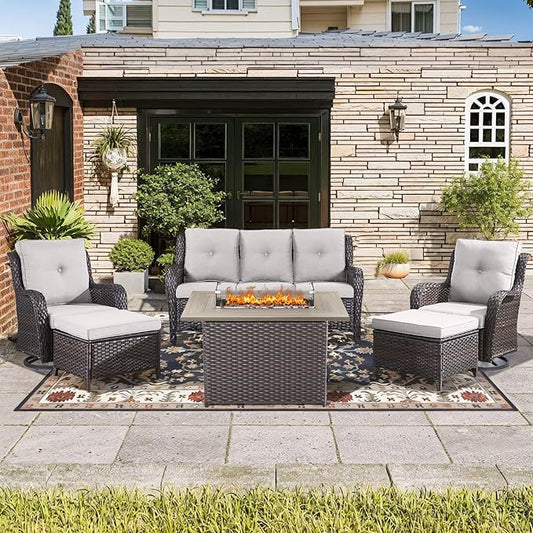 Wicker Outdoor Conversation Se with 50,000 BTU Gas Propane Fire Pit Tablet-6 Pieces Outdoor Wicker High Back Couch Patio Furniture for Deck Poolside Backyard