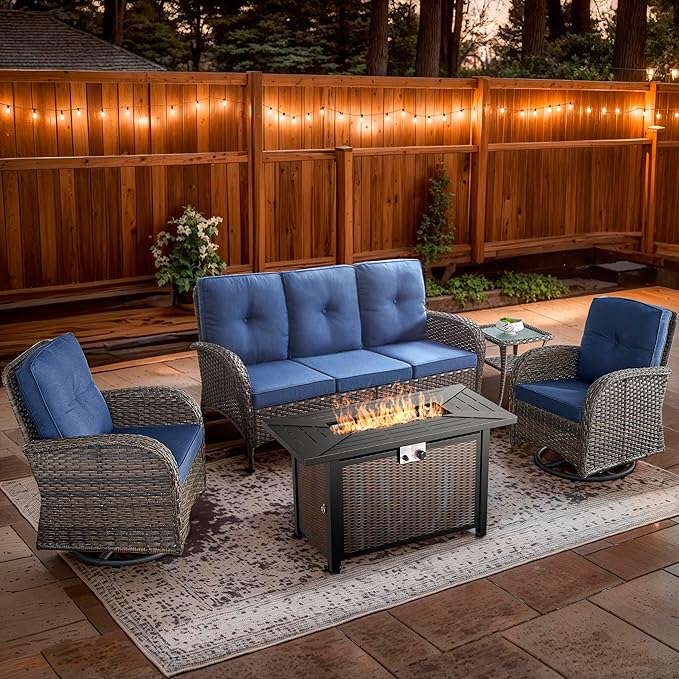 5 Piece Patio Furniture Set with Fire Pit Table - Wicker Patio Conversation Set with Swivel Glider, 3-Seat Sofa, Tempered Glass Side Table for Deck Backyard - Brown Wicker Blue Cushion