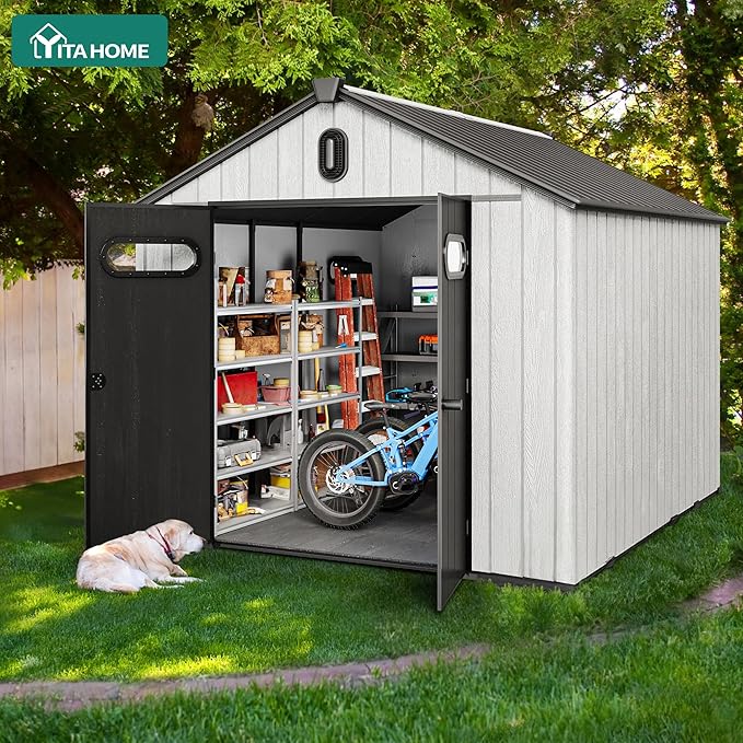 YITAHOME 8x10ft Resin Storage Structure, Outdoor 544 cuft Plastic Garden Storage Unit with Windows, Vents and Lockable Entrance, Waterproof Tool Organizer with Flooring for Lawn Equipment，Gray