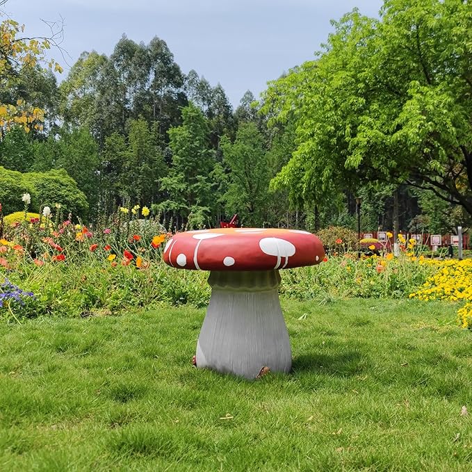 Mushroom Resin Statue 20.8'' High Indoor Outdoor Table Over Sized Sculpture Courtyard Lawn Pond Ornament Garden Outdoor Patio Round Table Stool Decoration Red Mushroom
