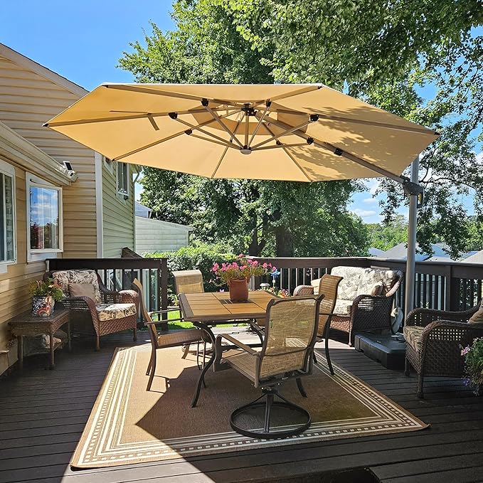 PURPLE LEAF 10ft Patio Umbrella With Base Solar powered LED Cantilever Umbrella with LED lights Windproof Outdoor Offset Umbrella for Garden Deck Pool Patio, Beige