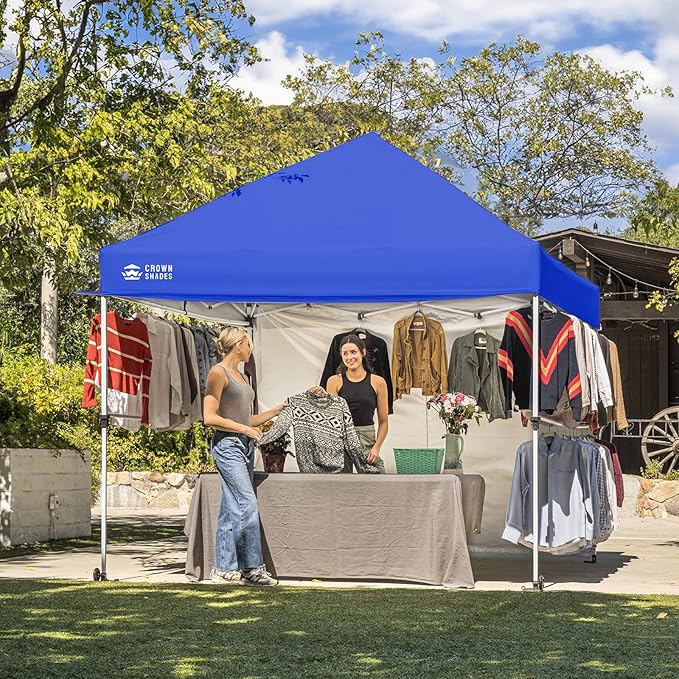 CROWN SHADES 10x10 Pop Up Canopy Tent with 1 Comercial Kit, Instant Commercial Tent with Patended Centerlock, 400D Silver Coated Fabric, 1 Sidewall, 4" Wheels, Sto'N Go Bag,Blue