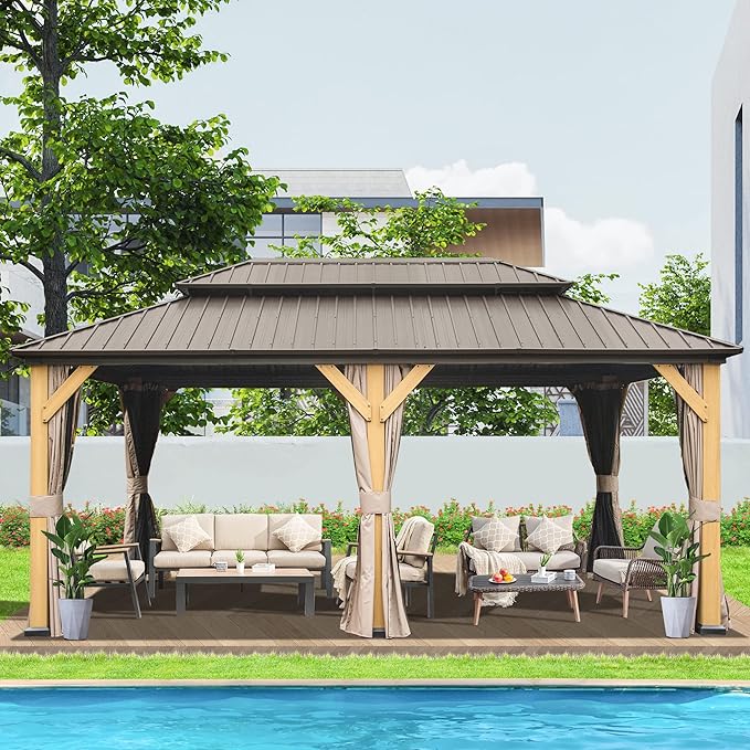 Domi Hardtop Gazebo 12’x20’ Cedar Frame Wood Gazebo with Galvanized Steel Double Roof, Outdoor Permanent Metal Gazebos with Curtains and Netting for Patio,Deck,Backyard