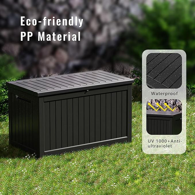 DRATO 280 Gallon Deck Box, Outdoor Large Waterproof Resin Storage Box with Lockable Lid for Patio Cushions, Gardening Tools, Black